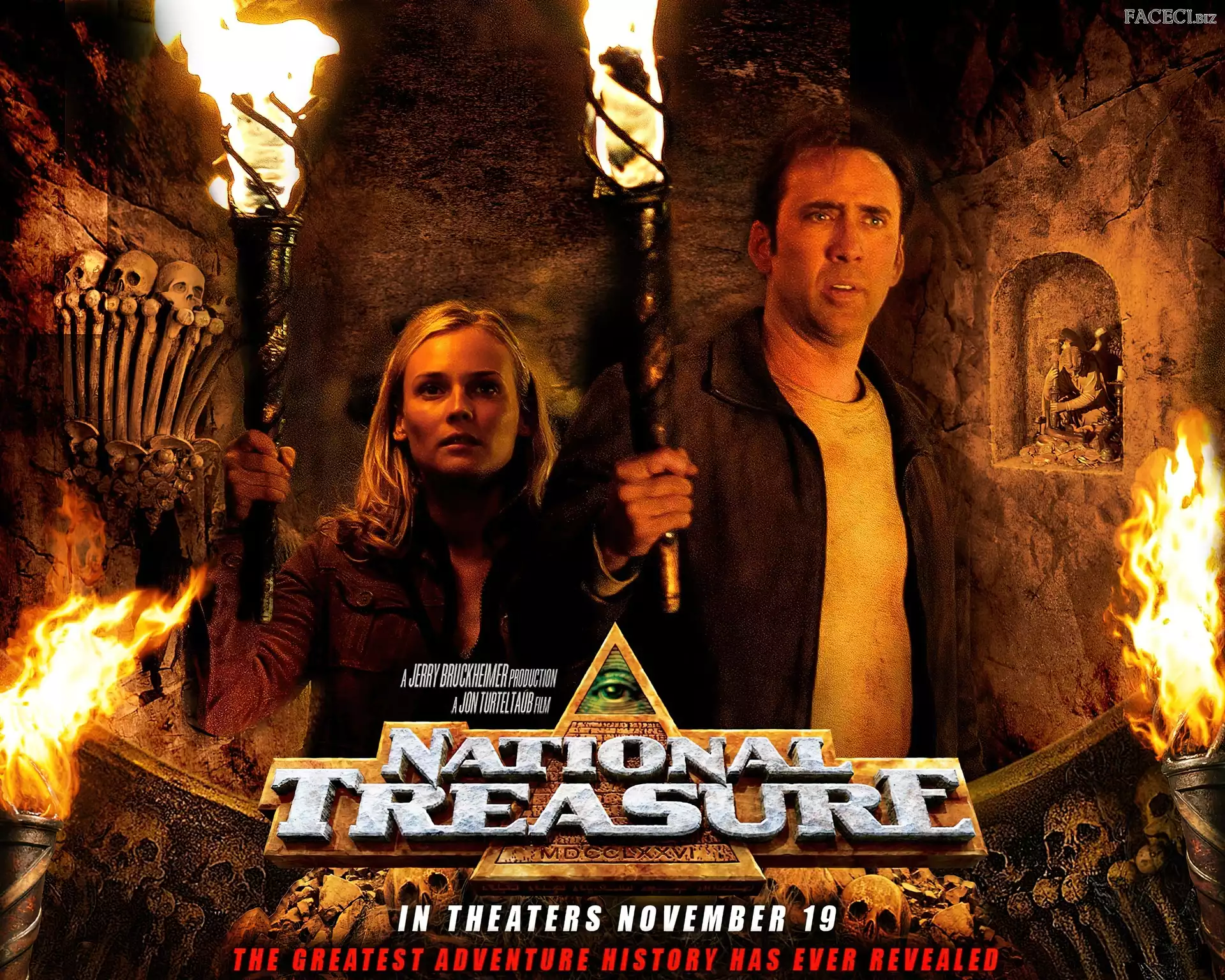 pochodnie, Nicolas Cage, podziemie, National Treasure 1, Diane Kruger